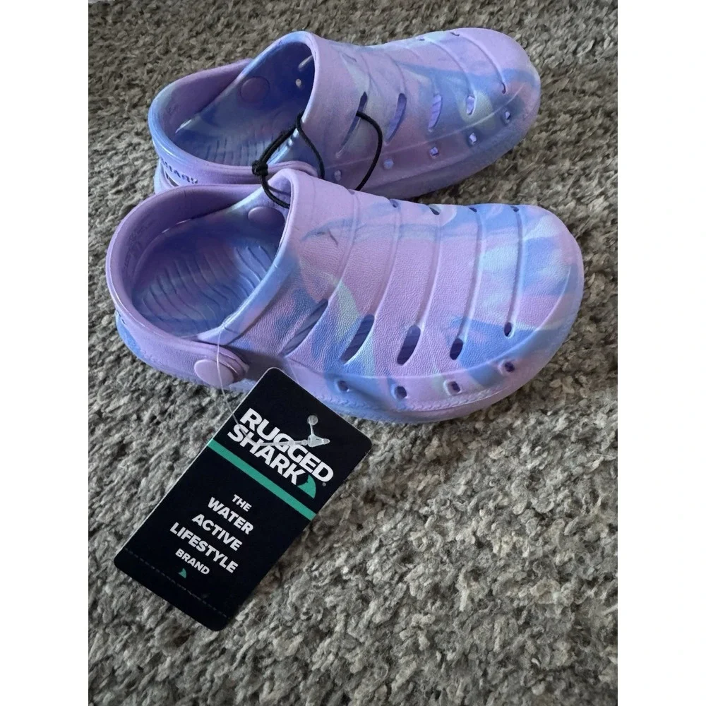 Kids Rugged Shark Purple / Blue Slip On Clogs Size 7 New,